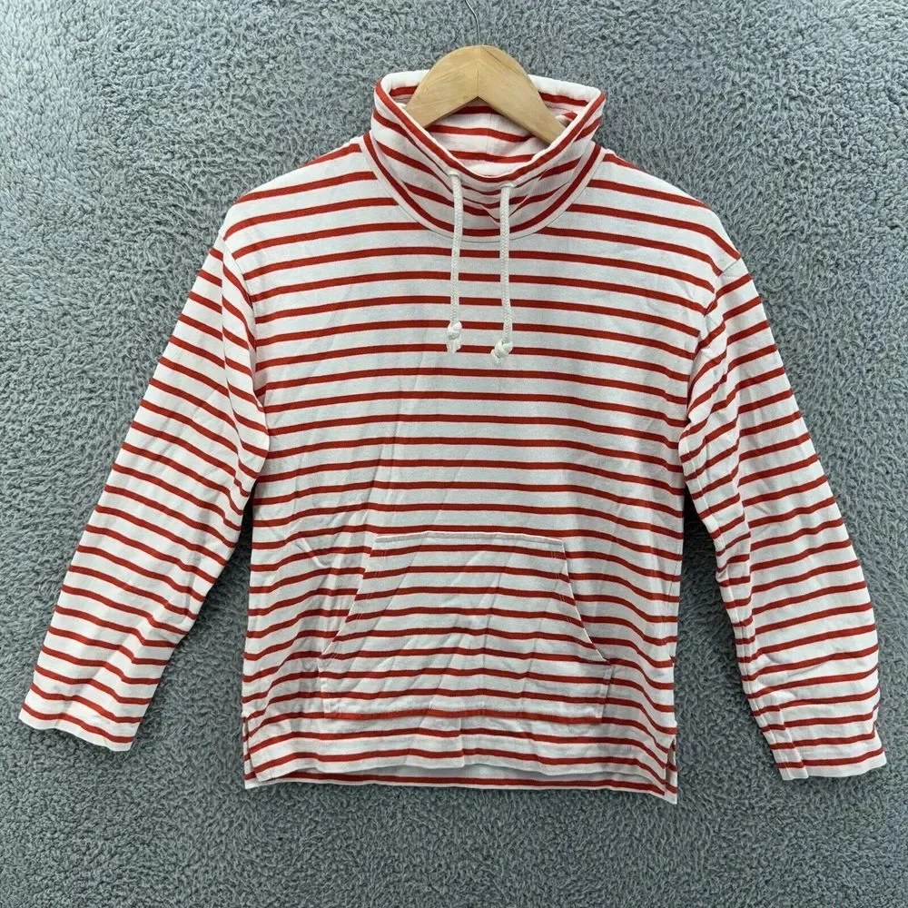 J Crew Women 2XS Red White Striped High Neck Pullover Top Drawstring Pouch Shirt